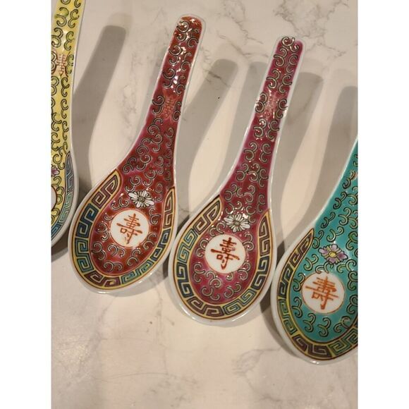 Mun Shou Multi Color Longevity Porcelain Asian Chinese Soup Rice Spoons Set of 6 - Picture 4 of 10